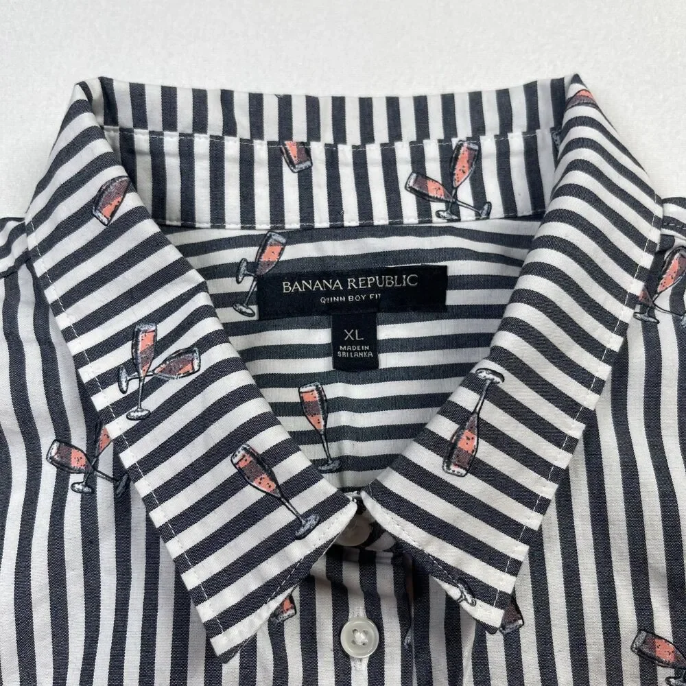 Banana Republic Shirt Men XL White Black Striped Champagne Glasses Quinn Boy-Fit